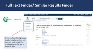 Some results will just give you
an abstract of an article, but
there are tools included to
help you find the full text or
similar articles.
Full Text Finder/ Similar Results Finder
 