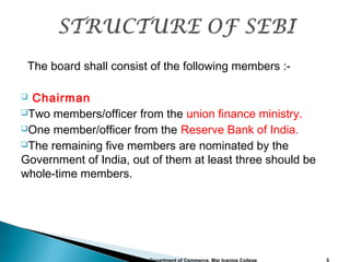 The board shall consist of the following members :-
 Chairman
Two members/officer from the union finance ministry.
One member/officer from the Reserve Bank of India.
The remaining five members are nominated by the
Government of India, out of them at least three should be
whole-time members.
Department of Commerce, Mar Ivanios College 5
 