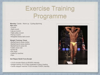 Exercise Training
Programme
Monday: Cardio: Warm up : Cycling-Spinning
Abs core:
• Crunch
• Split crunch
•Leg up crunch
• High pulley crunch
•Pull up crunch
•Weighted Swiss ball crunch
Weight Training: Chest
•Barbell bench press incline
•Barbell bench press decline
•Barbell bench press fat
•Cable cross over
•Incline fly
•Pec deck
•Cable fly machine
•Dips
Get Ripper Build-Tone-Sculpt
• 15-20 minutes Warm-up 60-65% intensity.
• Weight training 10-15 reps moderate to heavy loading.
• Cardio stepper machine 15-20 minutes 70-85% intensity
 