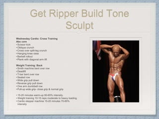Get Ripper Build Tone
Sculpt
Wednesday Cardio: Cross Training
Abs core
•Scissor kick
•Oblique crunch
•Cross over split-leg crunch
•Hanging knee raise
•Barbell rollout
•Plank with diagonal arm lift
Weight Training: Back
•Smith machine bent over row
•Deadlift
•T-bar bent over row
•Seated row
•Wide grip pull down
•Reverse grip pull down
•One arm dumbbell row
•Pull-up wide grip- close grip & normal grip
• 15-20 minutes warm-up 60-65% intensity.
• Weight training 10-15 reps moderate to heavy loading.
• Cardio stepper machine 15-20 minutes 70-85%
intensity
 