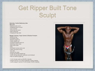 Get Ripper Built Tone
Sculpt
Saturday: Cardio Stationary bike
Abs-core
•Medicine ball crunch
•Weighted bench crunch
•Car crunches
•Wide twist toe touch
•Seat crisscross
•Hanging full leg raise
Weight Training: Traps Calves & Gluteus Forearm
•Barbell shrug
•Dumbbell shrug
•Barbell upright row
•Cable upright row
•Forearms barbell wrist curl
•Standing calves raise
•Seat calve raise
•Dips
•Dumbbell reverse wrist curls
•Clean pull-power shrug
•Hip raise
•Reverse hip raise
•Single leg barbell straight leg
•Cable hip leg adduction abduction and kickback
•Step-Up lateral single leg
• 15-20 minutes warm-up 60-65% intensity.
• Weight training 10-15 reps moderate to heavy loading.
• Cardio stepper machine 15-20 minutes 70-85% intensity.
 
