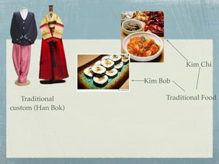 Kim Chi

                   Kim Bob

   Traditional          Traditional Food
custom (Han Bok)
 