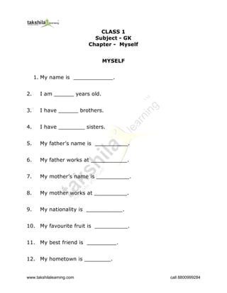 myself class 1 english gk worksheet printable grade 1 worksheet