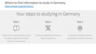 Where to find information to study in Germany.
https://www.myguide.de/en/
 