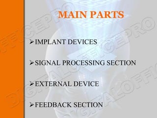 MAIN PARTS

IMPLANT DEVICES

SIGNAL PROCESSING SECTION

EXTERNAL DEVICE

FEEDBACK SECTION
 