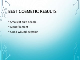 BEST COSMETIC RESULTS 
• Smallest size needle 
• Monofilament 
• Good wound eversion 
 