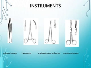 INSTRUMENTS 
adison forcep hemostat metzenbaum scissors suture scissors 
 