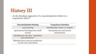 History III
• Is the bleeding suggestive of a vascular/platelet defect or a
coagulation defect?
Vascular/platelet bleeding Coagulation disorders
easy bruising bleeding after injury or surgery
spontaneous bleeding from small
vessels
haemarthroses and muscle
haematomas
bleeding into the skin “ petechiae
and ecchymosis “
Bleeding from mucous membranes
e.g. the nose and mouth.
 