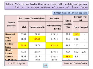 Table 4: Male, Hermaphrodite flowers, sex ratio, pollen viability and per cent
fruit set in various cultivars of lemons (C. lemon Burm)
Lemon
cultivars
Per cent of flowers/ shoot Sex ratio
Pollen
viability
(%)
Per cent fruit
set
Male Hermaphrodite
Male :Hermap-
hrodite
Open bagged
Baramasi 20.49 79.51 0.26 : 1 77.5 18.3 -
Kagzi
Kalan
14.51 85.42 0.17 : 1 70.6 5.20 -
Seedless
lemon
76.24 23.76 3.21 : 1 84.5 2.07 -
Bhadri
Lemon
70.11 29.89 2.35 : 1 59.9 8.03 2.57
Eureka 73.85 26.15 2.82 : 1 88.4 8.4 -
C. D. at 5% 16.86 15.64 2.888 11.41 - -
H. A. U., Haryana Arora and Daulta (2001)
Sixteen plants of 12 years age each
45
 