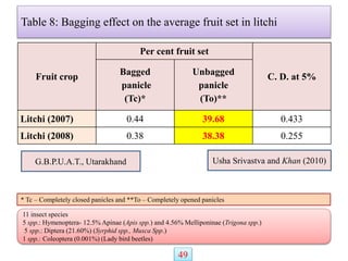 Table 8: Bagging effect on the average fruit set in litchi
Fruit crop
Per cent fruit set
C. D. at 5%
Bagged
panicle
(Tc)*
Unbagged
panicle
(To)**
Litchi (2007) 0.44 39.68 0.433
Litchi (2008) 0.38 38.38 0.255
G.B.P.U.A.T., Utarakhand Usha Srivastva and Khan (2010)
49
11 insect species
5 spp.: Hymenoptera- 12.5% Apinae (Apis spp.) and 4.56% Melliponinae (Trigona spp.)
5 spp.: Diptera (21.60%) (Syrphid spp., Musca Spp.)
1 spp.: Coleoptera (0.001%) (Lady bird beetles)
* Tc – Completely closed panicles and **To – Completely opened panicles
 