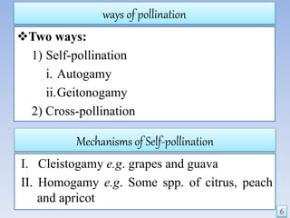 ways of pollination
Two ways:
1) Self-pollination
i. Autogamy
ii.Geitonogamy
2) Cross-pollination
6
Mechanisms of Self-pollination
I. Cleistogamy e.g. grapes and guava
II. Homogamy e.g. Some spp. of citrus, peach
and apricot
 
