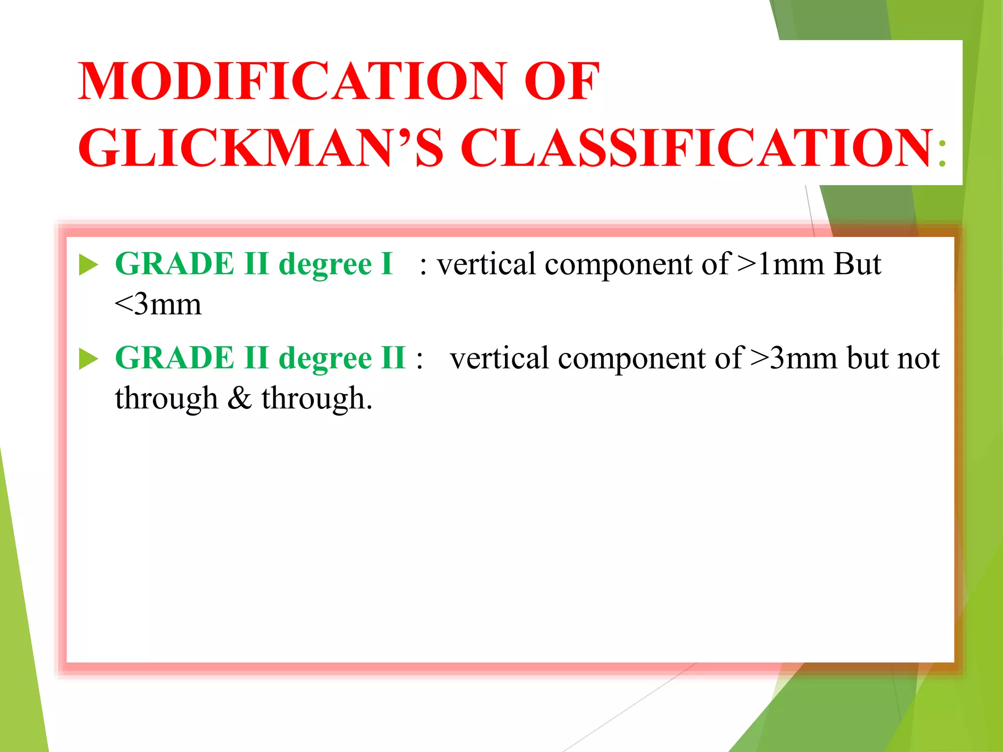 MODIFICATION OF
GLICKMAN’S CLASSIFICATION:
 GRADE II degree I : vertical component of >1mm But
<3mm
 GRADE II degree II : vertical component of >3mm but not
through & through.
 