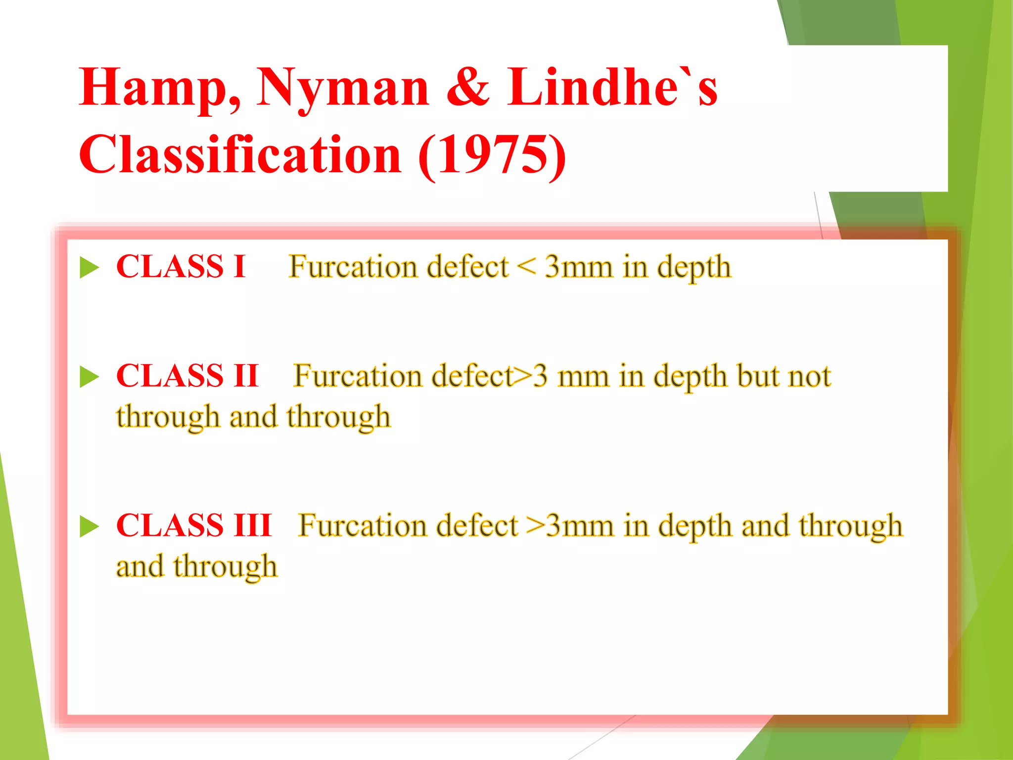 Hamp, Nyman & Lindhe`s
Classification (1975)
 CLASS I
 CLASS II
 CLASS III
 