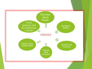 Microbial
dental
plaque
Iatrogenic
factors
Vertical root
fractures
Trauma
from
occlusion
Dental caries
/pulpal death
Local
anatomic and
developmenta
l factors
ETIOLOGY
 