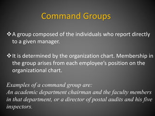 Command Groups
A group composed of the individuals who report directly
to a given manager.
It is determined by the organization chart. Membership in
the group arises from each employee’s position on the
organizational chart.
Examples of a command group are:
An academic department chairman and the faculty members
in that department, or a director of postal audits and his five
inspectors.
 