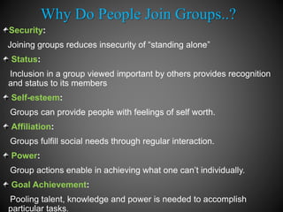 Why Do People Join Groups..?
Security:
Joining groups reduces insecurity of “standing alone”
Status:
Inclusion in a group viewed important by others provides recognition
and status to its members
Self-esteem:
Groups can provide people with feelings of self worth.
Affiliation:
Groups fulfill social needs through regular interaction.
Power:
Group actions enable in achieving what one can’t individually.
Goal Achievement:
Pooling talent, knowledge and power is needed to accomplish
particular tasks.
 