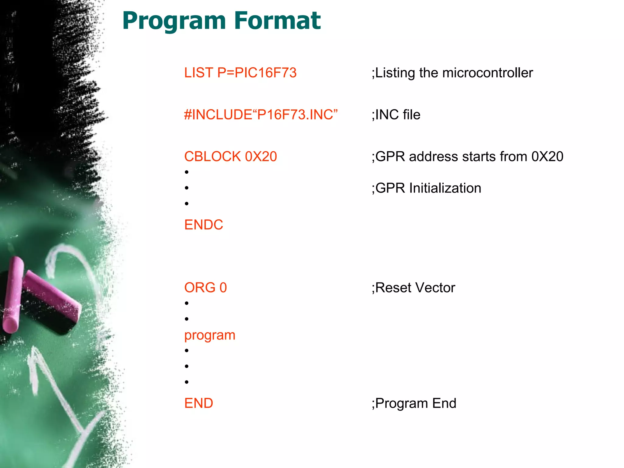 Program Format LIST P=PIC16F73 ;Listing the microcontroller #INCLUDE“P16F73.INC” ;INC file CBLOCK 0X20 ;GPR address starts from 0X20 ;GPR Initialization ENDC ORG 0 ;Reset Vector program END  ;Program End 