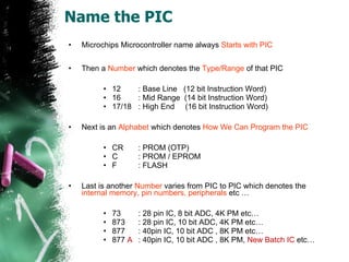 Name the PIC Microchips Microcontroller name always  Starts with PIC Then a  Number  which denotes the  Type/Range  of that PIC 12  : Base Line  (12 bit Instruction Word) 16  : Mid Range  (14 bit Instruction Word) 17/18 : High End   (16 bit Instruction Word) Next is an  Alphabet  which denotes  How We Can Program the PIC CR : PROM (OTP) C : PROM / EPROM F : FLASH Last is another  Number  varies from PIC to PIC which denotes the  internal memory, pin numbers, peripherals  etc … 73  : 28 pin IC, 8 bit ADC, 4K PM etc… 873 : 28 pin IC, 10 bit ADC, 4K PM etc… 877 : 40pin IC, 10 bit ADC , 8K PM etc… 877  A : 40pin IC, 10 bit ADC , 8K PM,  New Batch IC  etc… 