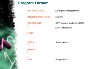 Program Format LIST P=PIC16F73 ;Listing the microcontroller #INCLUDE“P16F73.INC” ;INC file CBLOCK 0X20 ;GPR address starts from 0X20 ;GPR Initialization ENDC ORG 0 ;Reset Vector program END  ;Program End 