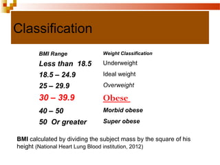 Classification
BMI Range Weight Classification
Less than 18.5 Underweight
18.5 – 24.9 Ideal weight
25 – 29.9 Overweight
30 – 39.9 Obese
40 – 50 Morbid obese
50 Or greater Super obese
BMI calculated by dividing the subject mass by the square of his
height (National Heart Lung Blood institution, 2012)
 