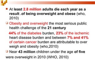  At least 2.8 million adults die each year as a
result .of being overweight and obese (who,
2010)
 Obesity and overweight the most serious public
health challenge of the 21 century
44% of the diabetes burden, 23% of the ischemic
heart disease burden and between 7% and 41%
of certain cancer burden are attributable to over
weigh and obesity (who,2010)
 Near 43 million children under the age of five
were overweight in 2010 (WHO, 2010)
 
