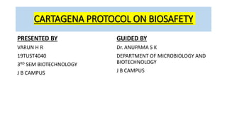 CARTAGENA PROTOCOL ON BIOSAFETY
PRESENTED BY
VARUN H R
19TUST4040
3RD SEM BIOTECHNOLOGY
J B CAMPUS
GUIDED BY
Dr. ANUPAMA S K
DEPARTMENT OF MICROBIOLOGY AND
BIOTECHNOLOGY
J B CAMPUS
 