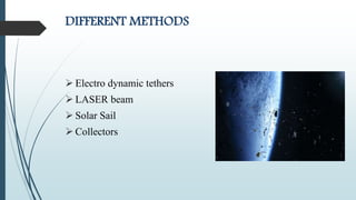 DIFFERENT METHODS
 Electro dynamic tethers
 LASER beam
 Solar Sail
 Collectors
 