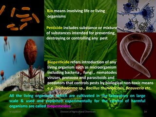 Bio means involving life or living
organisms
Pesticide includes substance or mixture
of substances intended for preventing,
destroying or controlling any pest
Biopesticide refers introduction of any
living organism such as microorganism
including bacteria , fungi , nematodes
viruses, protozoa and parasitoids and
predators that controls pests by biological non-toxic means
e.g. Trichoderma sp., Bacillus thuringiensis, Beauveria etc.
9/11/2014 14
Division of Agricultural Chemicals
All the living organisms, which are cultivated in the laboratory on large
scale & used and exploited experimentally for the control of harmful
organisms are called biopesticides
 