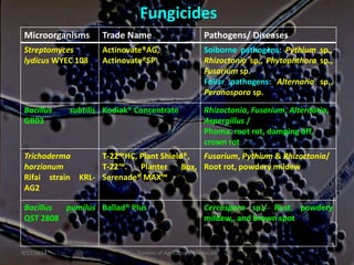Microorganisms Trade Name Pathogens/ Diseases
Streptomyces
lydicus WYEC 108
Actinovate®AG,
Actinovate®SP
Soiborne pathogens: Pythium sp.,
Rhizoctonia sp., Phytophthora sp.,
Fusarium sp.
Foliar pathogens: Alternaria sp.,
Peronospora sp.
Bacillus subtilis
GB03
Kodiak® Concentrate Rhizoctonia, Fusarium, Alternaria,
Aspergillus /
Phoma. root rot, damping off,
crown rot
Trichoderma
harzianum
Rifai strain KRL-
AG2
T-22™HC, Plant Shield®,
T-22™. Planter Box,
Serenade® MAX™
Fusarium, Pythium & Rhizoctonia/
Root rot, powdery mildew
Bacillus pumilus
QST 2808
Ballad® Plus Cercospora sp./ Rust, powdery
mildew,, and brown spot
Fungicides
9/11/2014 46
Division of Agricultural Chemicals
 