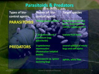 9/11/2014 Division of Agricultural Chemicals 47
Types of bio-
control agents
Names of bio-
control agents
Target species
PARASITOIDS Trichogramma chilonis Brinjal shoot and fruit
borer, shoot borers of
cotton, sugarcane, rice
T. brasiliensis and T.
pretiosum (egg
parasitoids)
tomato fruit borer
PREDATORS Cryptolaemus
montrouzieri
(Austrtralian ladybird
beetle)
several species of mealy
bugs and soft scales
Chrysoparla sp. (green
lacewing bug)
aphids, white flies
Parasitoids & Predators
 
