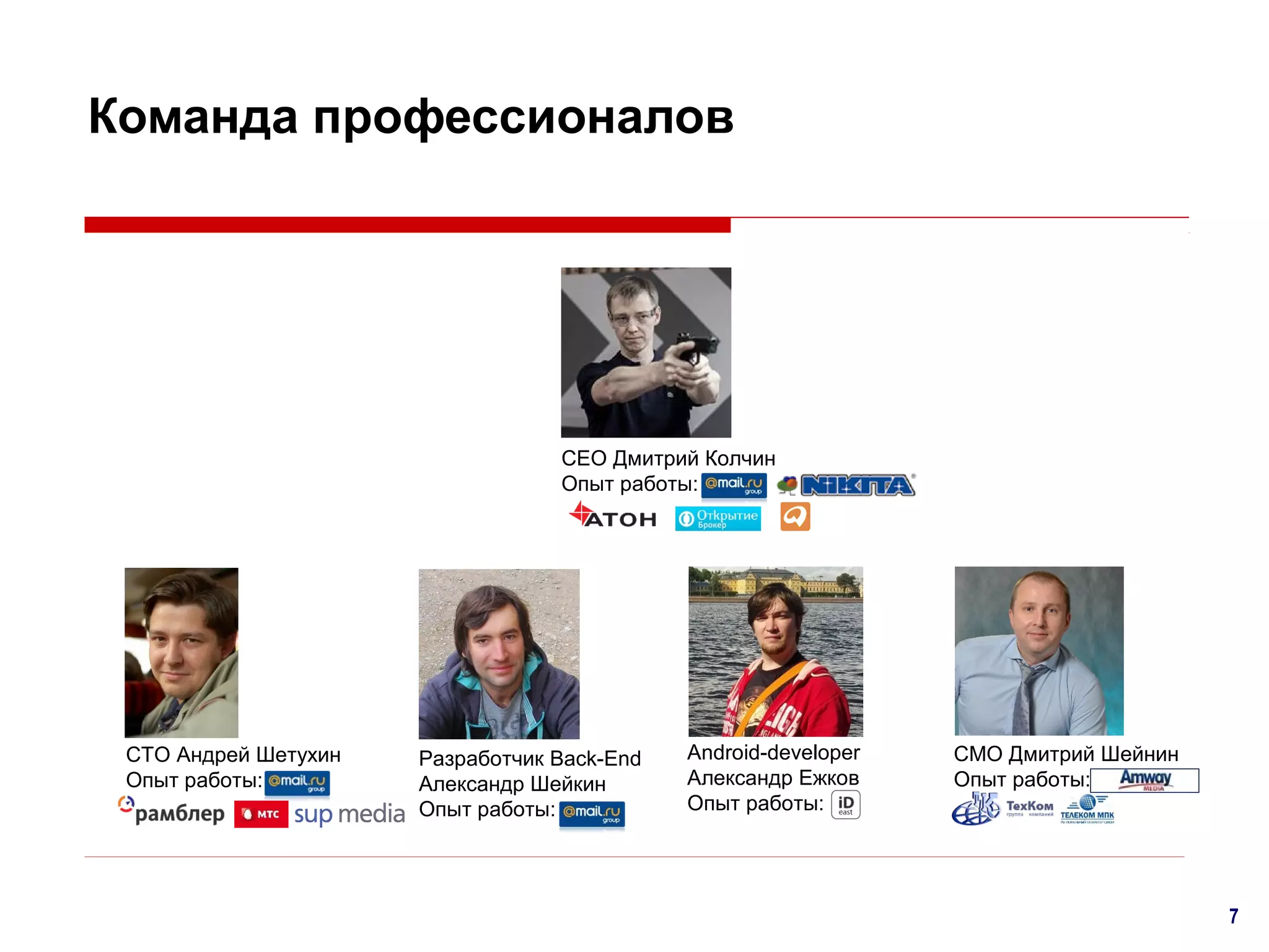 Команда профессионалов

CEO Дмитрий Колчин
Опыт работы:

CTO Андрей Шетухин
Опыт работы:

Разработчик Back-End
Александр Шейкин
Опыт работы:

Android-developer
Александр Ежков
Опыт работы:

CMO Дмитрий Шейнин
Опыт работы:

7

 