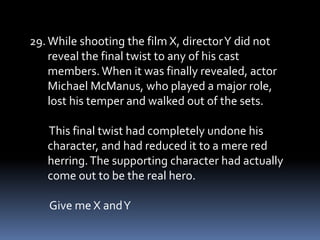 29. While shooting the film X, director Y did not 
reveal the final twist to any of his cast 
members. When it was finally revealed, actor 
Michael McManus, who played a major role, 
lost his temper and walked out of the sets. 
This final twist had completely undone his 
character, and had reduced it to a mere red 
herring. The supporting character had actually 
come out to be the real hero. 
Give me X and Y 
 