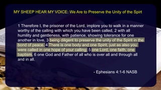 1 Therefore I, the prisoner of the Lord, implore you to walk in a manner
worthy of the calling with which you have been called, 2 with all
humility and gentleness, with patience, showing tolerance for one
another in love, 3 being diligent to preserve the unity of the Spirit in the
bond of peace. 4 There is one body and one Spirit, just as also you
were called in one hope of your calling; 5 one Lord, one faith, one
baptism, 6 one God and Father of all who is over all and through all
and in all.
- Ephesians 4:1-6 NASB
MY SHEEP HEAR MY VOICE: We Are to Preserve the Unity of the Spirt
 