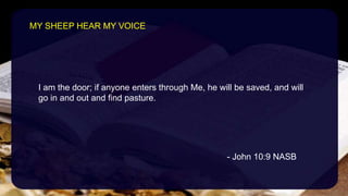 I am the door; if anyone enters through Me, he will be saved, and will
go in and out and find pasture.
- John 10:9 NASB
MY SHEEP HEAR MY VOICE
 