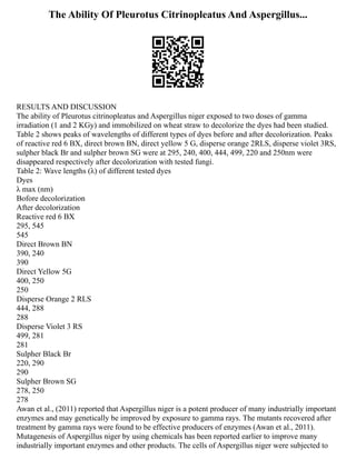 The Ability Of Pleurotus Citrinopleatus And Aspergillus...
RESULTS AND DISCUSSION
The ability of Pleurotus citrinopleatus and Aspergillus niger exposed to two doses of gamma
irradiation (1 and 2 KGy) and immobilized on wheat straw to decolorize the dyes had been studied.
Table 2 shows peaks of wavelengths of different types of dyes before and after decolorization. Peaks
of reactive red 6 BX, direct brown BN, direct yellow 5 G, disperse orange 2RLS, disperse violet 3RS,
sulpher black Br and sulpher brown SG were at 295, 240, 400, 444, 499, 220 and 250nm were
disappeared respectively after decolorization with tested fungi.
Table 2: Wave lengths (λ) of different tested dyes
Dyes
λ max (nm)
Bofore decolorization
After decolorization
Reactive red 6 BX
295, 545
545
Direct Brown BN
390, 240
390
Direct Yellow 5G
400, 250
250
Disperse Orange 2 RLS
444, 288
288
Disperse Violet 3 RS
499, 281
281
Sulpher Black Br
220, 290
290
Sulpher Brown SG
278, 250
278
Awan et al., (2011) reported that Aspergillus niger is a potent producer of many industrially important
enzymes and may genetically be improved by exposure to gamma rays. The mutants recovered after
treatment by gamma rays were found to be effective producers of enzymes (Awan et al., 2011).
Mutagenesis of Aspergillus niger by using chemicals has been reported earlier to improve many
industrially important enzymes and other products. The cells of Aspergillus niger were subjected to
 