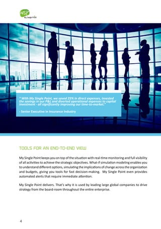 4
My Single Point keeps you on top of the situation with real-time monitoring and full visibility
of all activities to achieve the strategic objectives. What-if simulation modeling enables you
to understand different options, simulating the implications of change across the organization
and budgets, giving you tools for fast decision-making. My Single Point even provides
automated alerts that require immediate attention.
My Single Point delivers. That’s why it is used by leading large global companies to drive
strategy from the board-room throughout the entire enterprise.
“ With My Single Point, we saved 25% in direct expenses, invested
the savings in our P&L and diverted operational expenses to capital
investment - all significantly improving our time-to-market.”
- Senior Executive in Insurance Industry
TOOLS FOR AN END-TO-END VIEW
 