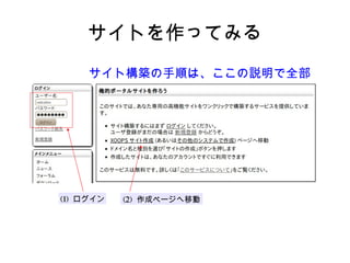 サイトを作ってみる サイト構築の手順は、ここの説明で全部 (1)  ログイン (2)  作成ページへ移動 