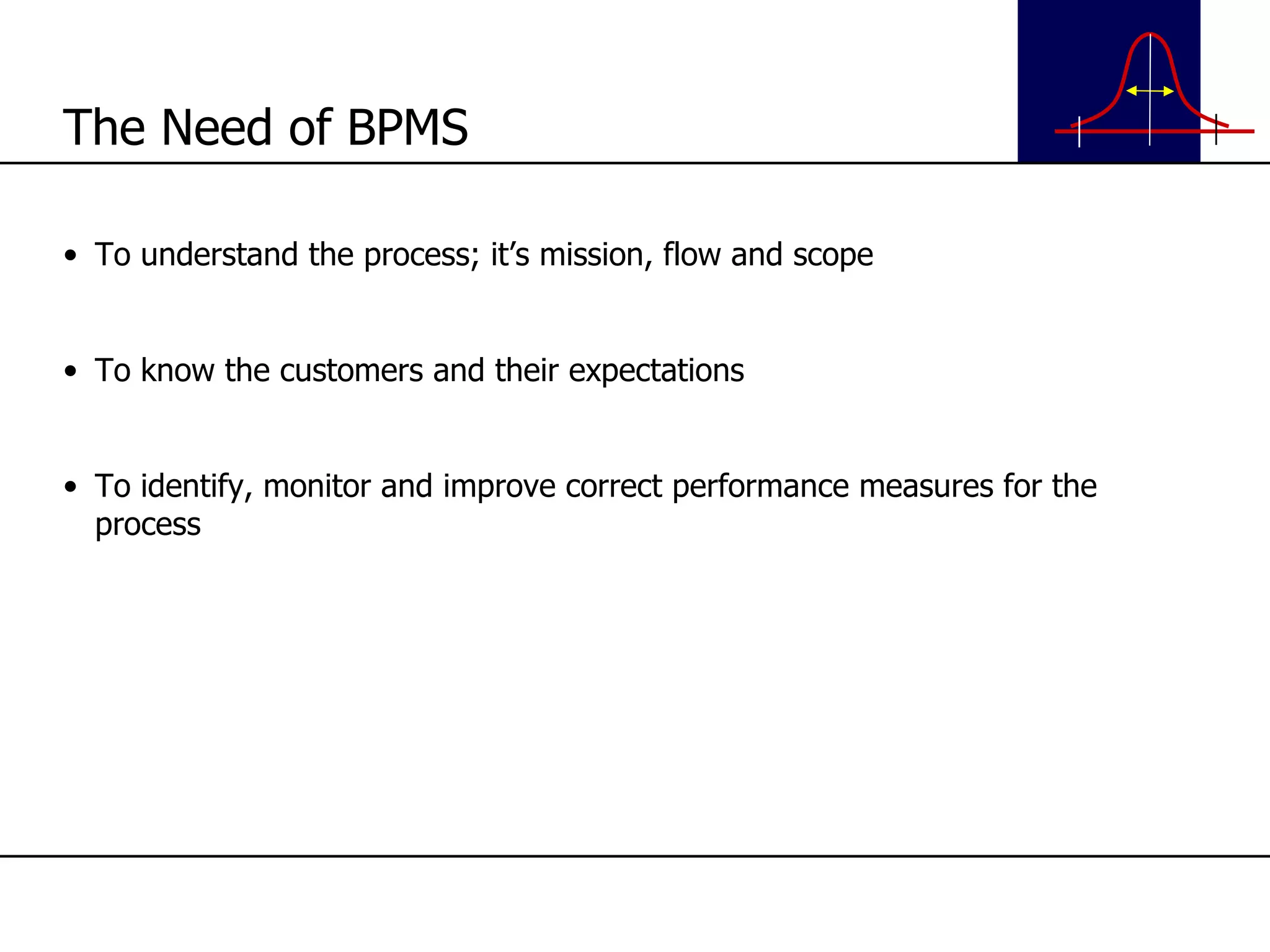 To understand the process; it’s mission, flow and scope To know the customers and their expectations To identify, monitor and improve correct performance measures for the process The Need of BPMS 