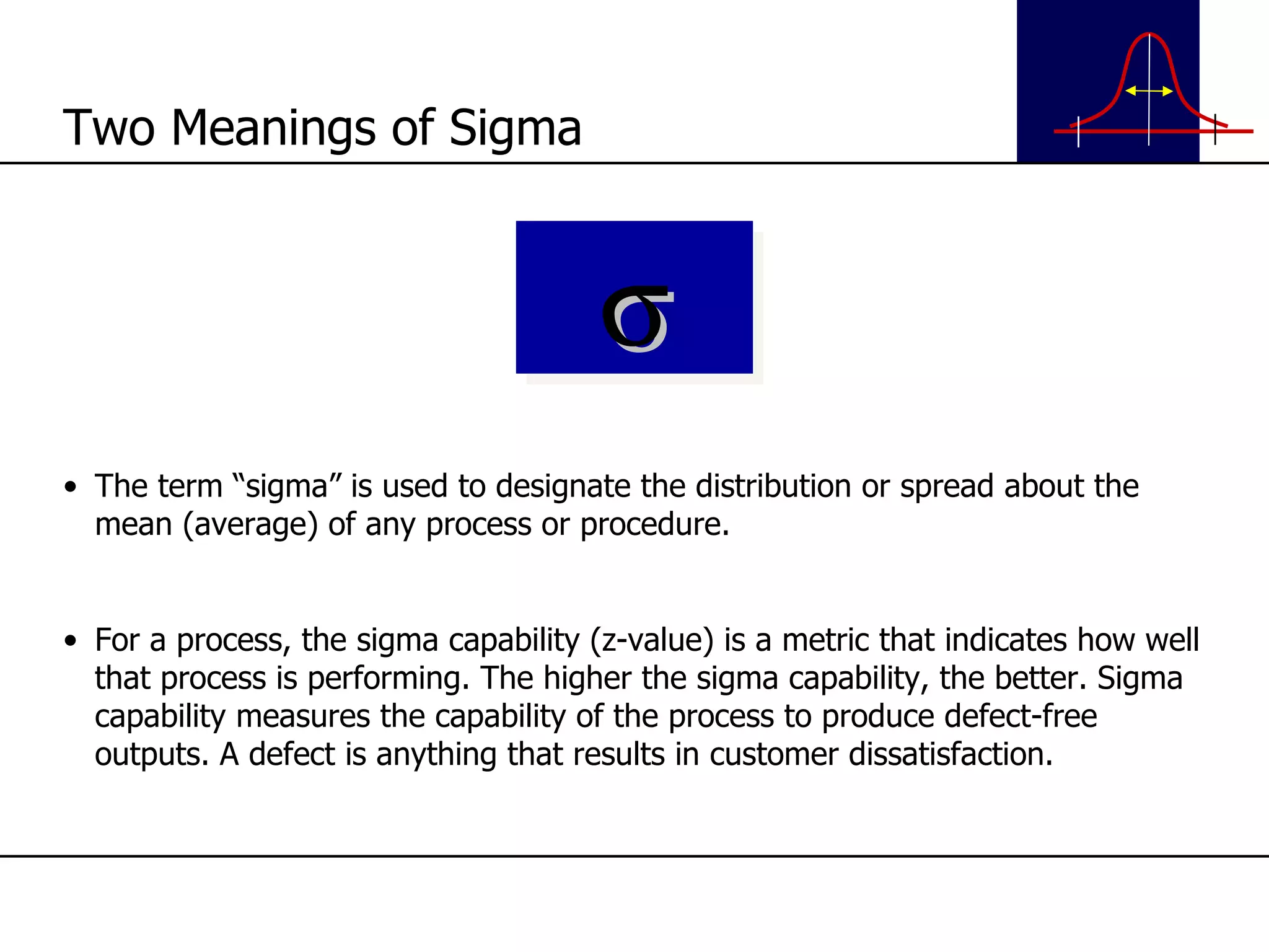 The term “sigma” is used to designate the distribution or spread about the mean (average) of any process or procedure. For a process, the sigma capability (z-value) is a metric that indicates how well that process is performing. The higher the sigma capability, the better. Sigma capability measures the capability of the process to produce defect-free outputs. A defect is anything that results in customer dissatisfaction. Two Meanings of Sigma  