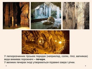 У легкорозчинних гірських породах (наприклад, солях, гіпсі, вапняках)
вода вимиває порожнечі – печери.
У великих печерах іноді утворюються підземні озера і річки.
 
