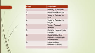 Sr.No. Particulars
1. Meaning of passport
2. Definition of Passport
3. Types of Passport in
India
4. Types of Passport by
images
5. Various Passport
Services
6. Steps for issue a fresh
Passport
7. Steps to Submit an
Application at passport
Sewa Kendra
8. Steps to check
Application Status
 