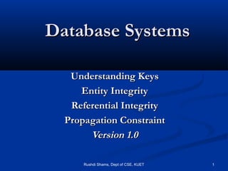 Rushdi Shams, Dept of CSE, KUET 1
Database SystemsDatabase Systems
Understanding KeysUnderstanding Keys
Entity IntegrityEntity Integrity
Referential IntegrityReferential Integrity
Propagation ConstraintPropagation Constraint
Version 1.0Version 1.0
 