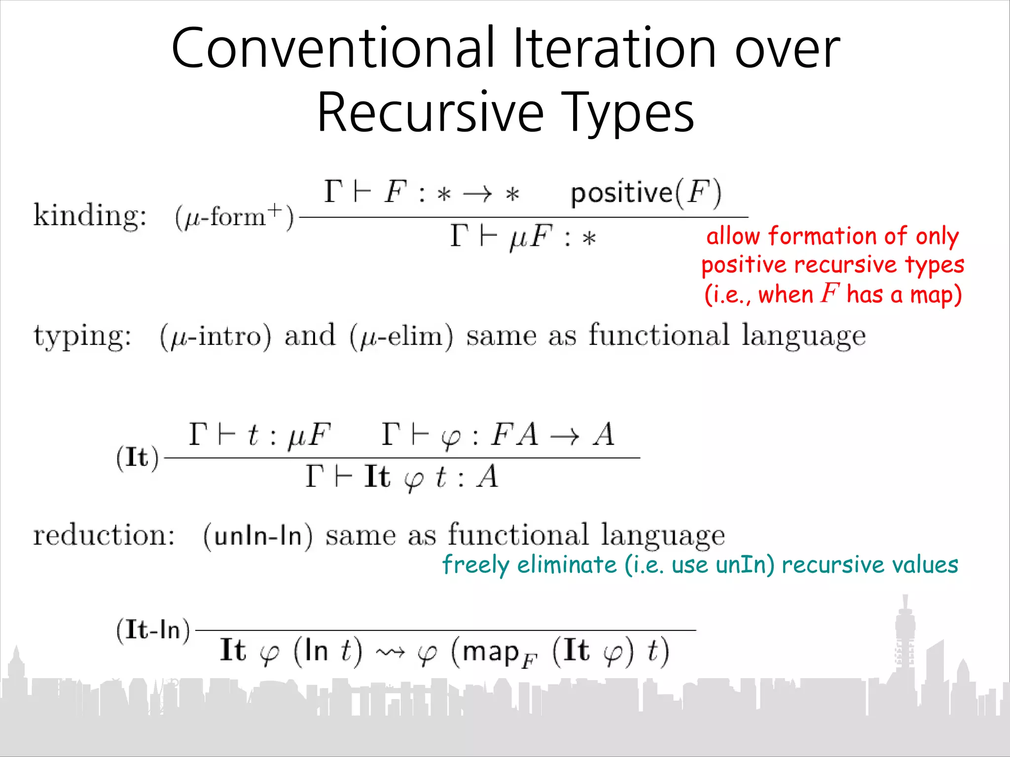 Conventional Iteration over
Recursive Types
allow formation of only
positive recursive types
(i.e., when F has a map)
freely eliminate (i.e. use unIn) recursive values
 