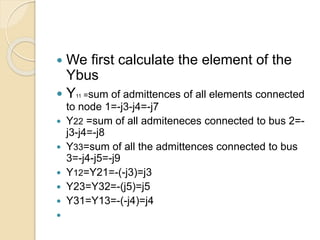  We first calculate the element of the
Ybus
 Y11 =sum of admittences of all elements connected
to node 1=-j3-j4=-j7
 Y22 =sum of all admiteneces connected to bus 2=-
j3-j4=-j8
 Y33=sum of all the admittences connected to bus
3=-j4-j5=-j9
 Y12=Y21=-(-j3)=j3
 Y23=Y32=-(j5)=j5
 Y31=Y13=-(-j4)=j4

 