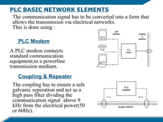 PLC BASIC NETWORK ELEMENTS
7
The communication signal has to be converted into a form that
allows the transmission via electrical networks.
This is done using :
A PLC modem connects
standard communication
equipment,to a powerline
transmission medium.
PLC Modem
Coupling & Repeater
The coupling has to ensure a safe
galvanic seperation and act as a
high pass filter dividing the
communication signal above 9
kHz from the electrical power(50
or 60Hz).
 