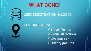 WHAT DONE?
USER REGISTRATION & LOGIN
GPS TRACKER of
Travel friends
Public attractions
Live position
History position
 
