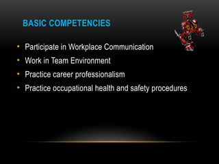 • Participate in Workplace Communication
• Work in Team Environment
• Practice career professionalism
• Practice occupational health and safety procedures
BASIC COMPETENCIES
 