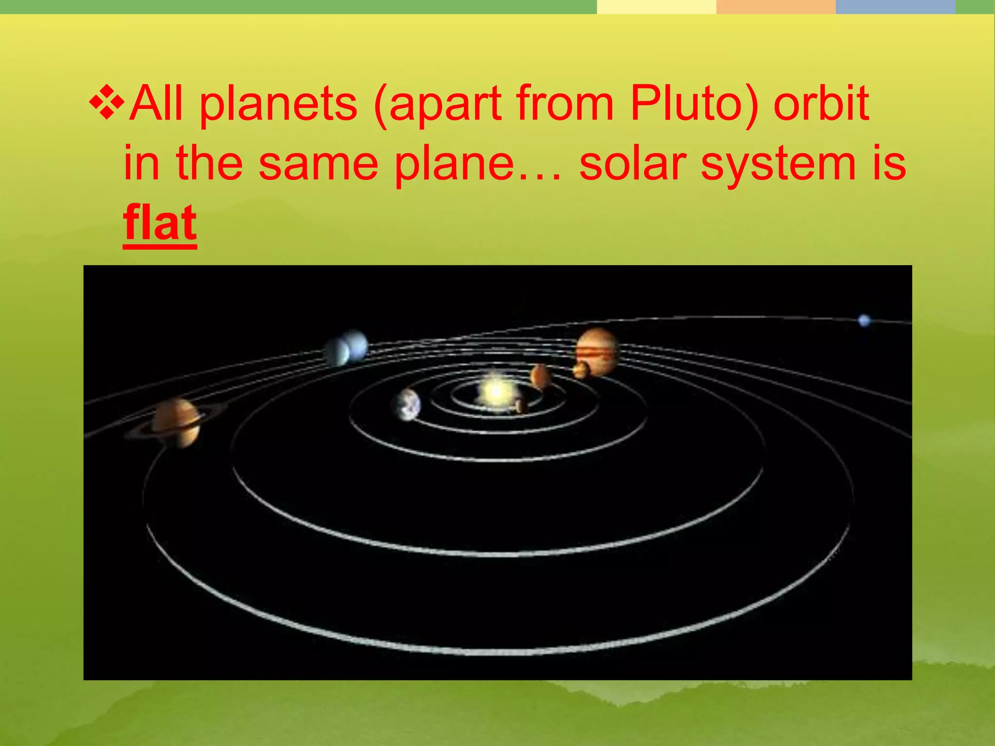 All planets (apart from Pluto) orbit
in the same plane… solar system is
flat
 