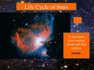 Life Cycle of StarsLife Cycle of Stars
A star forms
from rotating
clouds and dust
called a
nebula
11
 