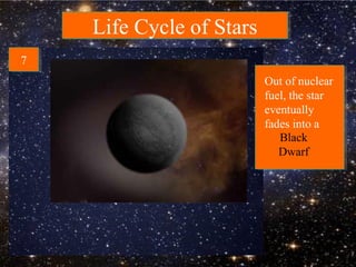 Life Cycle of StarsLife Cycle of Stars
Out of nuclear
fuel, the star
eventually
fades into a
Black
Dwarf
77
 